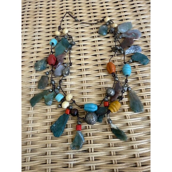 Vintage 80s Double Strand Necklace Carved Agate Trade Beads Boho - Picture 16 of 16
